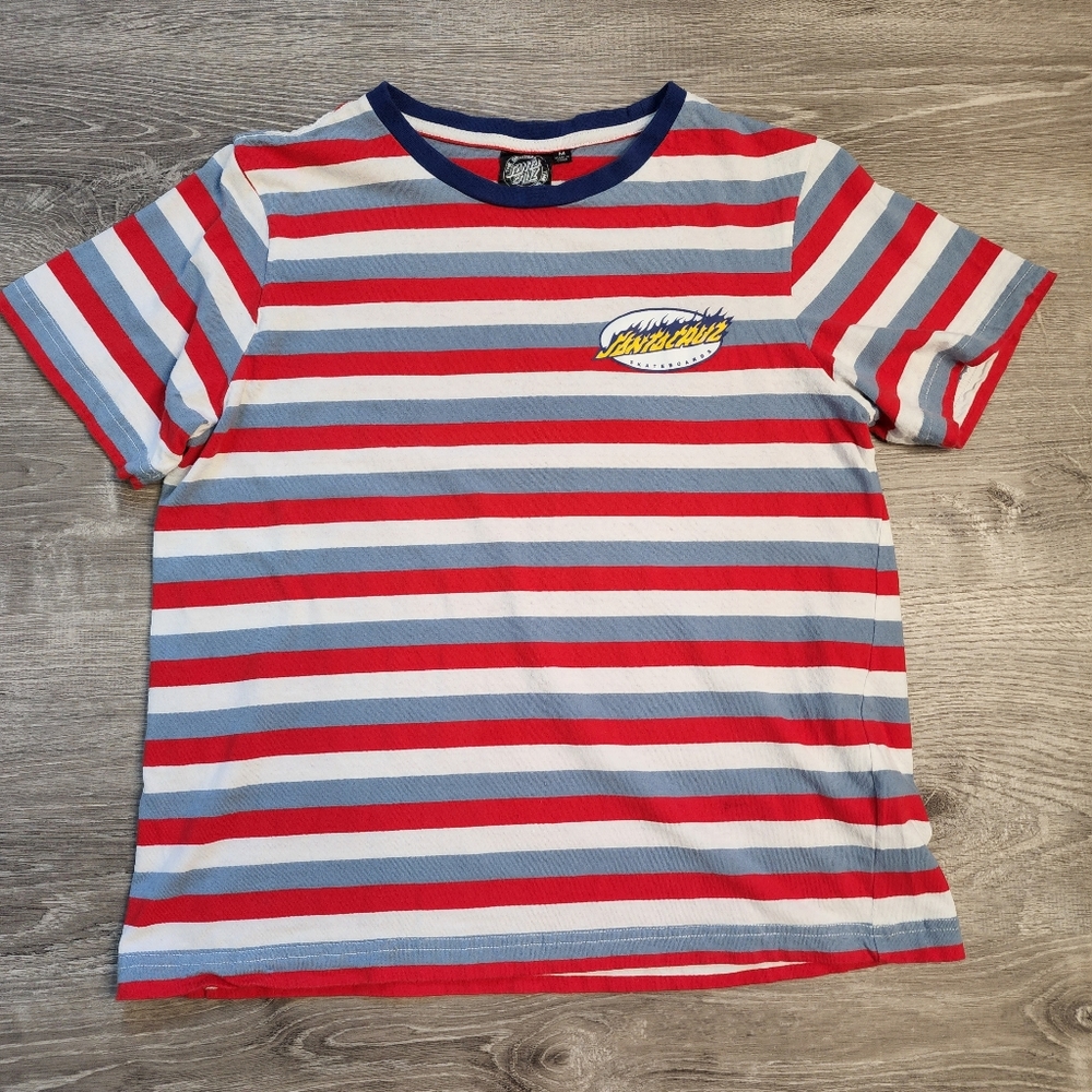 SANTA CRUZ SKATEBOARDS Flame Logo Striped Graphic T Shirt